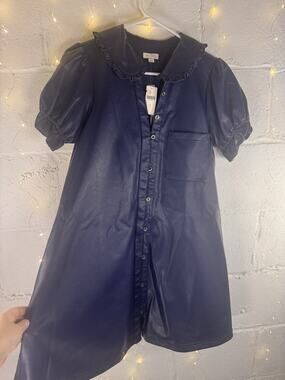 Pilcro Navy Faux Leather Button Front Mini Dress S Collared Puff Sleeve Pockets